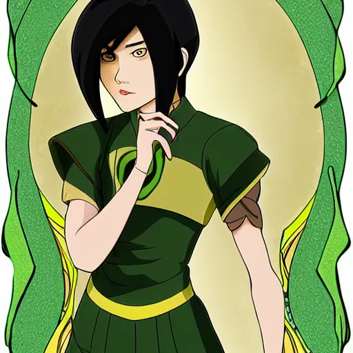 Image similar to toph beifong glow - up, art nouveau, green, yellow, gold, realistic eyes