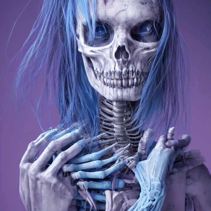 Image similar to portrait of female alt model with blue hair as a skeleton. intricate abstract. intricate artwork. nightmare fuel. by Tooth Wu, wlop, beeple, dan mumford. octane render, trending on artstation, greg rutkowski very coherent symmetrical artwork. cinematic, hyper realism, high detail, octane render, 8k, iridescent accents