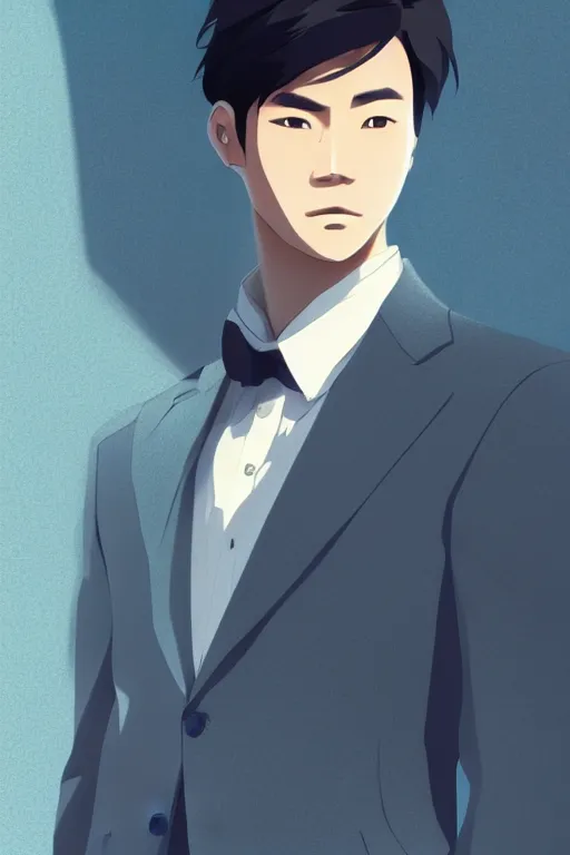 Image similar to portrait of a handsome young asian man in a suit, cool hairstyle, half body shot, trending on artstation, studio ghibli, makoto shinkai, visually stunning, beautiful background, cinematic dramatic atmosphere, sharp focus, volumetric lighting, cinematic lighting, studio quality