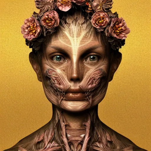 Prompt: beatifull frontal face portrait of a woman, 150 mm, anatomical, flesh, flowers, mandelbrot fractal, veins, arteries, symmetric, intricate, golden ratio, full frame, microscopic, elegant, highly detailed, ornate, ornament, sculpture, elegant , luxury, beautifully lit, ray trace, octane render in the style of peter Gric , alex grey and Romero Ressendi