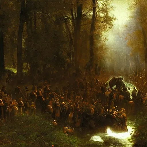 Image similar to a group of medieval european knights are riding in a column through a dark wood along a small stream, highly detailed, digital painting, sharp focus, by alber bierstadt greg rutkowski