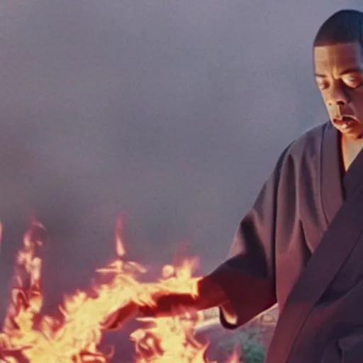 Image similar to cinematic film still of JAY Z starring as a Japanese Sensei with fire, Japanese CGI, VFX, 2003, 40mm lens, shallow depth of field, film photography