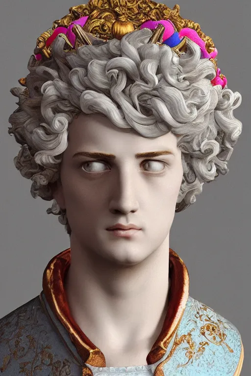 Image similar to a realistic porcelain full-head rococo style bust of handsome young Spanish prince a faded style haircut and a crown made of colored pipecleaners, suspended in outer space, photorealism, octane render, depth of field, 8k, 35mm, artgem, Trending on artstation
