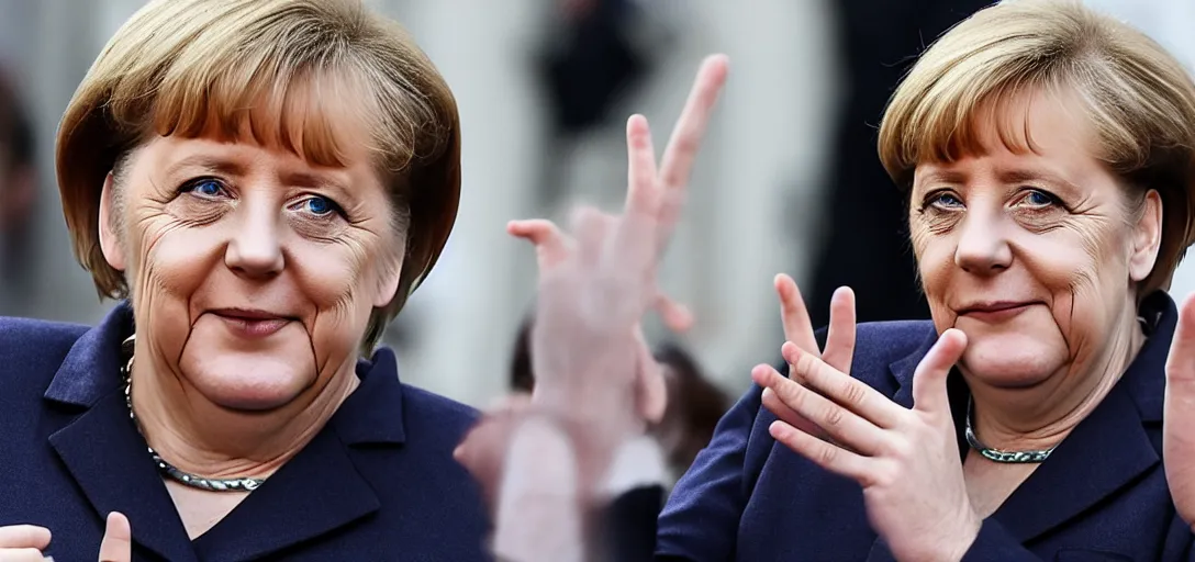 Prompt: angela merkel shows middle finger and smokes a joint, fat grin, deep red eyes, in front of the government building