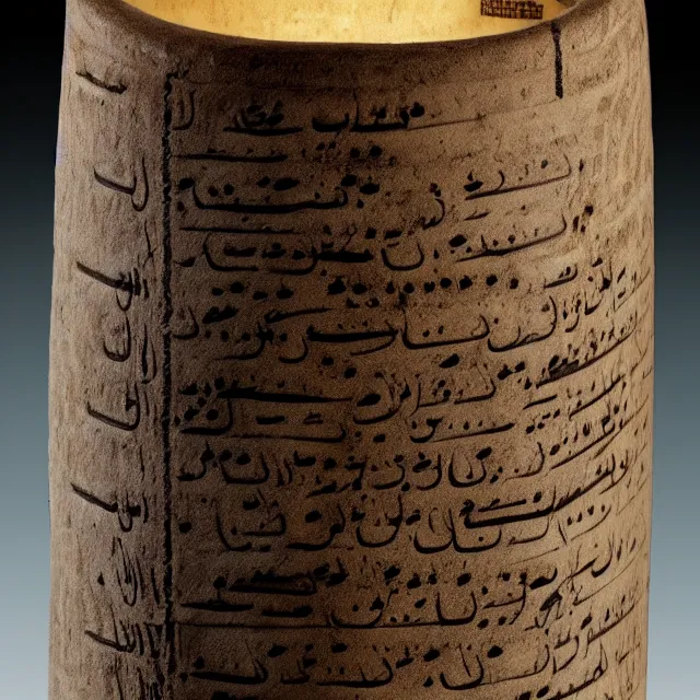 Prompt: a full realistic photo of a tall and thin cylindrical clay dead sea scroll jar with two sentences of nabatean aramaic, dark, brooding, atmospheric, volume lighting