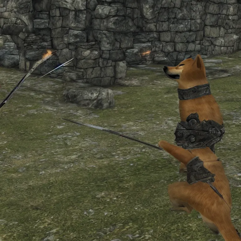 Image similar to a humanoid shiba inu firing a bow, skyrim pc screenshot