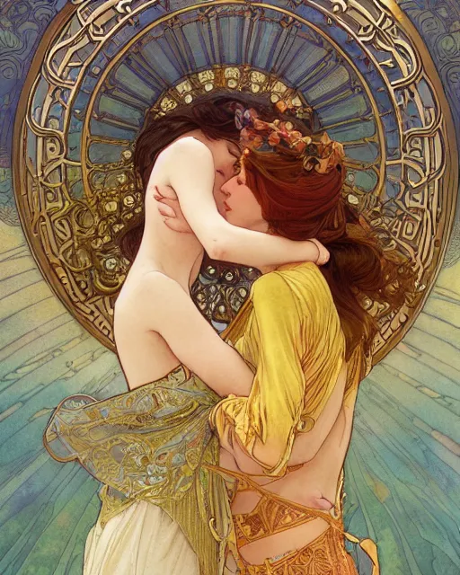 Image similar to the kiss | highly detailed | very intricate | art nouveau | gold filigree | romantic storybook fantasy | soft cinematic lighting | award - winning | disney concept art watercolor illustration by mandy jurgens and alphonse mucha and alena aenami | pastel color palette | featured on artstation