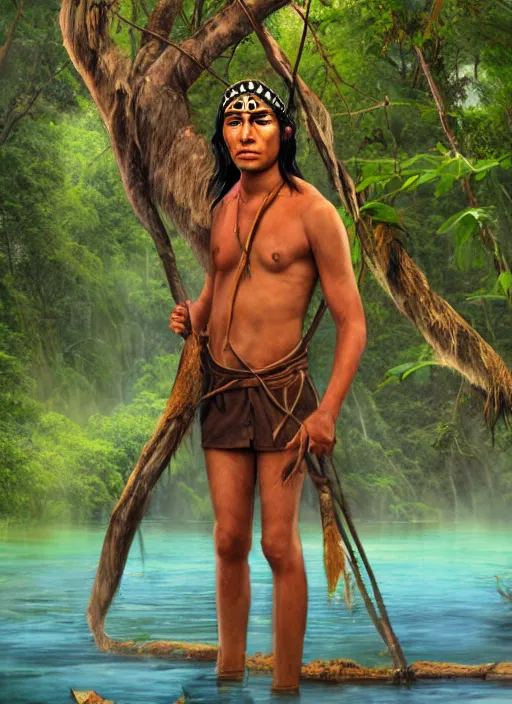 Prompt: a young indigenous amazon man standing on the bank of the amazon river, matte painting, ayahuasca, fantasy art