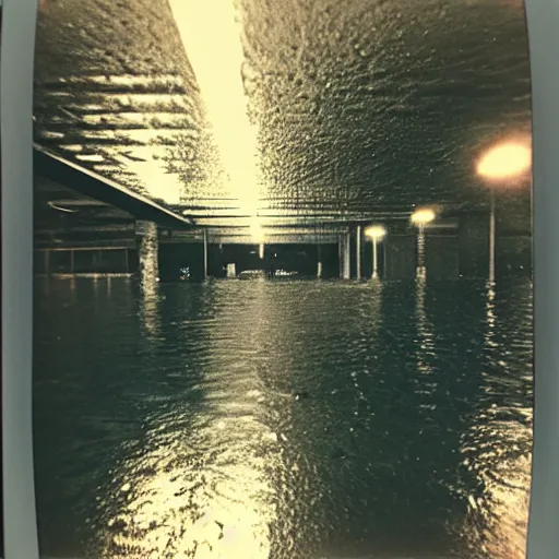 Prompt: a flooded parking garage with lights under the surface of the water, surreal, liminal, polaroid,