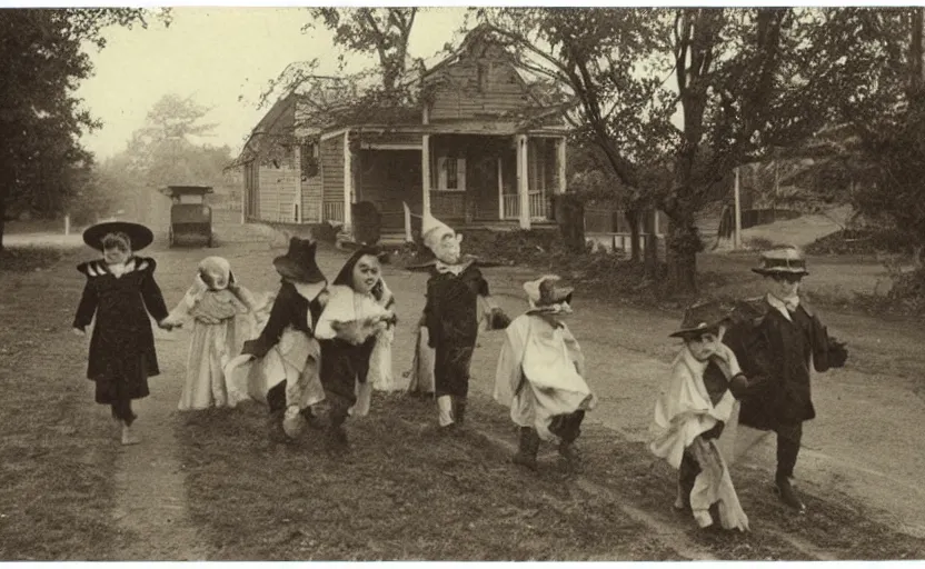 Prompt: Vintage postcard of children trick-or-treating, hi-res scan, stark composition, sepia tone, eerie lighting,