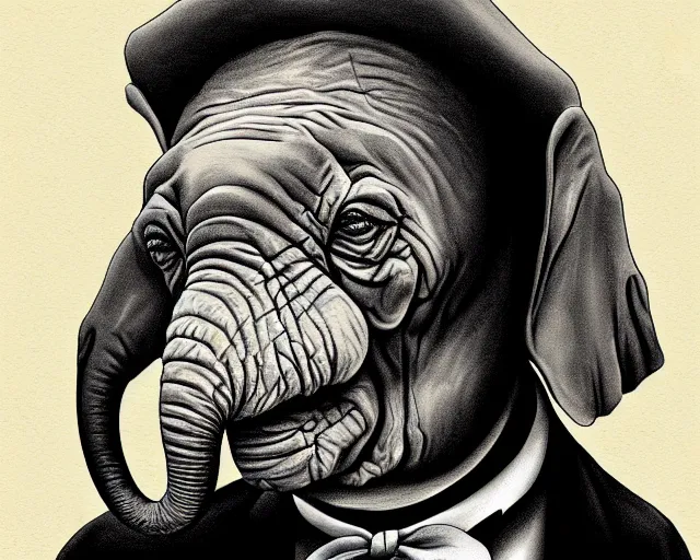 Prompt: a caricature art portrait of the elephant man, in the style of sebastian kruger, high def, detailed, art, fine art, sharp focus, highly detailed