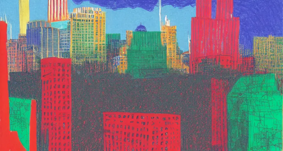 Image similar to color sketch of the london skyline, highly detailed, dramatic lighting, intense shadows, rich deep colours, by david hockney