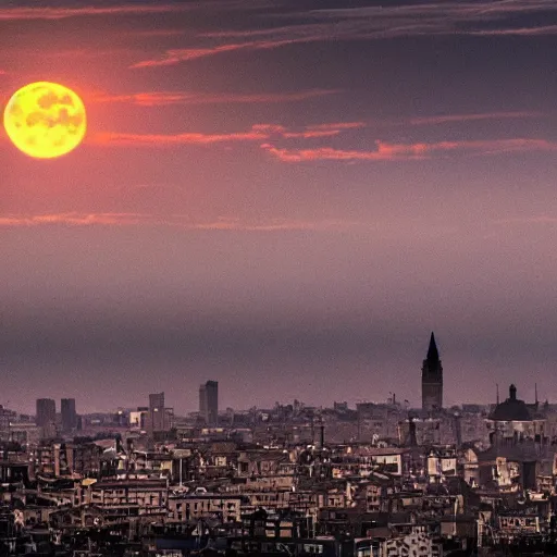 Image similar to full moon engulfed by tentacles over a gothic cityscape.