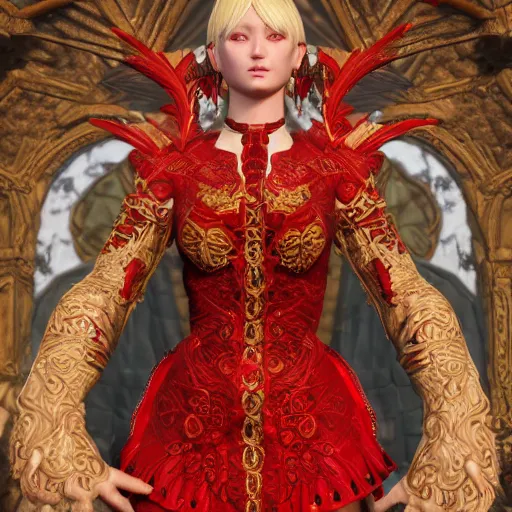 Prompt: minagho, pathfinder wrath of the righteous, demon girl, gorgeous, ornate dashing red garments, earrings, perfect symmetry face, intricate portrait, red dress, ashen blonde hair, 8 k resolution, volumetric lighting, trending on art station, magic realism, octane rendering, unreal engine 5