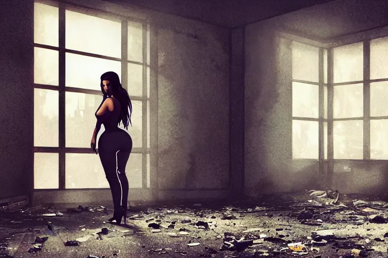 Image similar to photo still of kim kardashian as a cop inside a derelict apartment, glowing walkie talkie, realistic, wide shot, symmetrical, highly detailed, digital photo, instagram, hyper realistic, smooth, sharp focus, illustration, cinematic lighting, art by artgerm and greg rutkowski and alphonse mucha