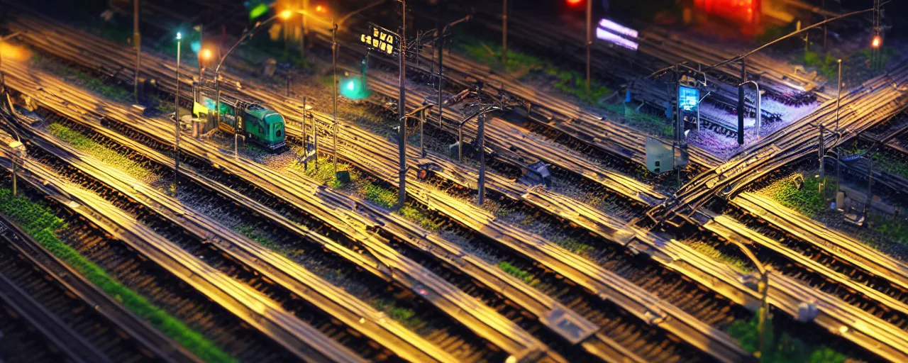 Image similar to mega detailed miniature voxel diorama of huge railway junction by night, futuristic architecture, tilt shift, volumetric lighting, several trains on rails, near future 2 0 3 0