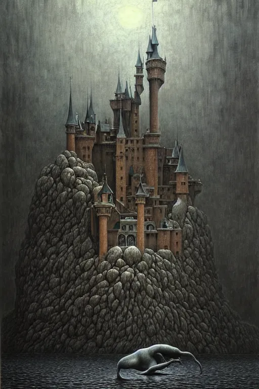 Image similar to a hyperrealistic painting of a giant creature devouring a beautiful fantasy castle, by john kenn mortensen and zdzislaw beksinski, highly detailed, vivid color,