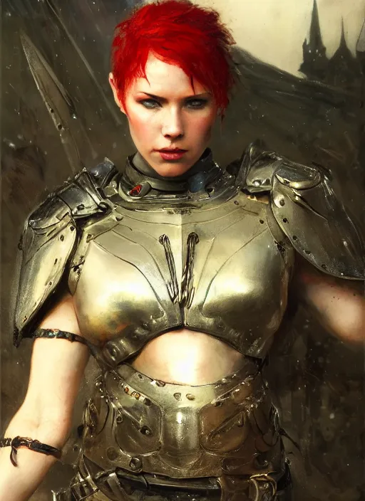 Image similar to red short haired muscular woman wearing basic black medieval armour, detailed by gaston bussiere, bayard wu, greg rutkowski, giger, maxim verehin, greg rutkowski, masterpiece, sharp focus, cinematic lightning