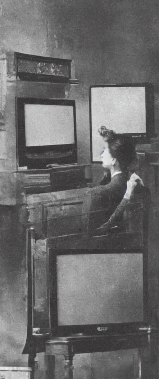 Image similar to 1 9 0 0 s photo of a person watching a flat screen hd tv