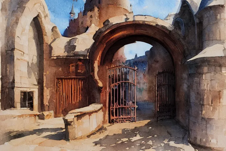 Prompt: small centered on watercolor paper, paint brush strokes, abstract watercolor painting of medieval fortress entrance, giant iron door, copper nails, cinematic light, national romanticism by hans dahl, by jesper ejsing, by anders zorn, by greg rutkowski, by greg manchess, by tyler edlin