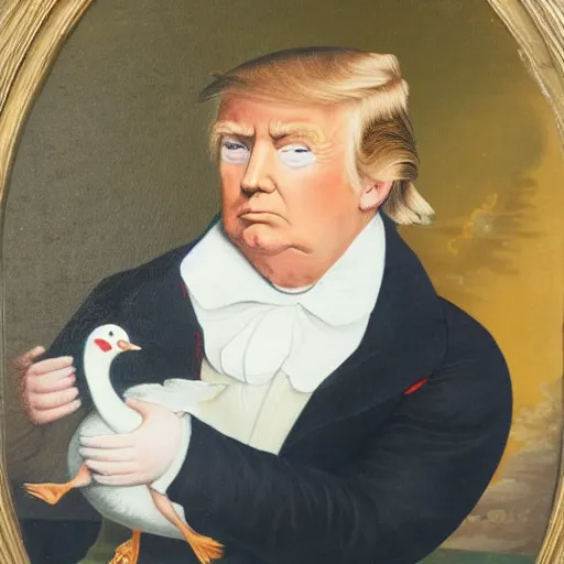 Prompt: Oil painting of Donald Trump wearing sunglasses and holding a goose, 1800s painting