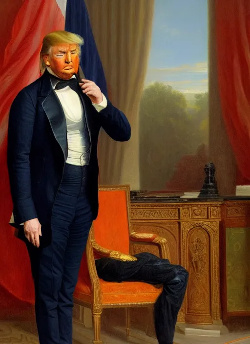 Image similar to portrait of the united states president, 1 8 6 7, donald trump. standing in the oval office. oil on canvas by william sidney mount, trending on artstation