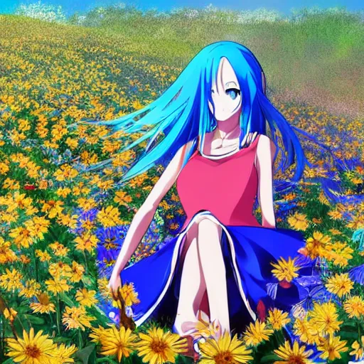 Image similar to Anime girl with cobalt blue hair and a side bun wearing a sun dress in a scenic field of flowers, trending on pixiv, very very beautiful, 4k