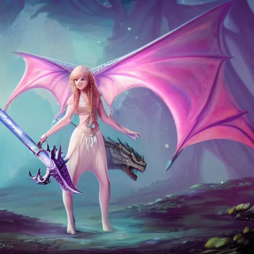 Image similar to a fairy princess with a sword. Behind her stands a ferocious dragon, ultradetailed, wallpaper, 4k, prismatic, cinematic, epic