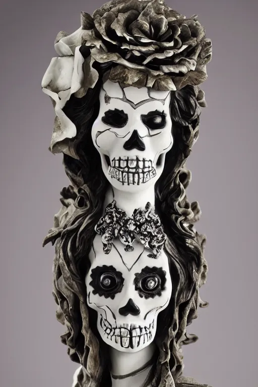 Image similar to Dramatic view of La catrina statue sculpted on white stained marble by Bernini and kris kuksi