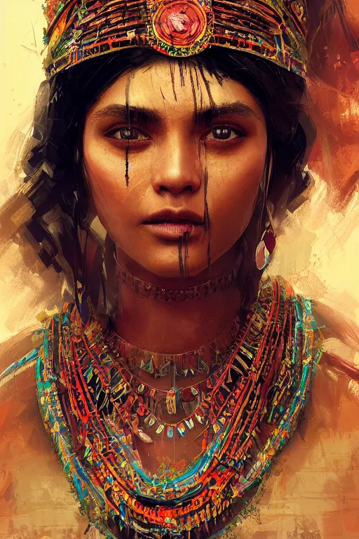 Image similar to aztec princess, gorgeous, close - up portrait, intricate, elegant, volumetric lighting, scenery, digital painting, highly detailed, artstation, sharp focus, illustration, concept art, ruan jia, steve mccurry