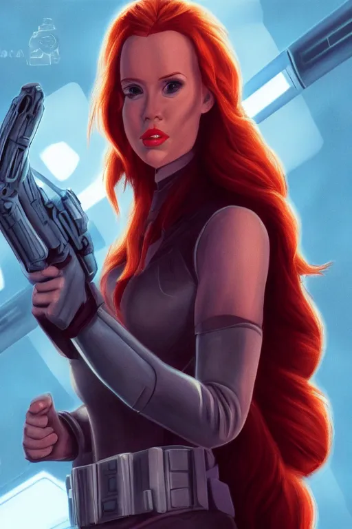 Prompt: cartoon of mara jade in star wars movie, digital illustration, star trek, smooth, sharp focus, elegant, hype detailed, 8 k