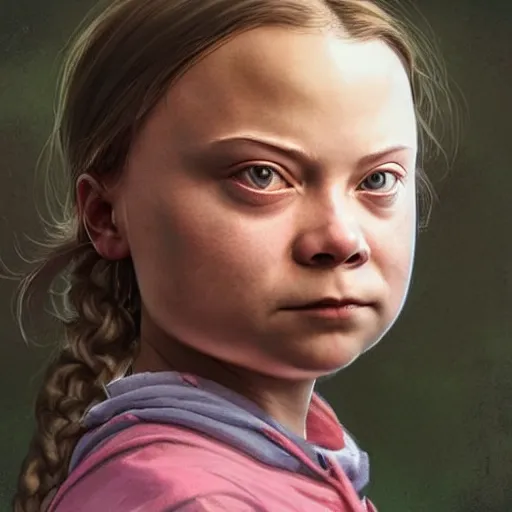 Prompt: portrait of greta thunberg, looking at camera, intricate, extremely detailed, digital painting, artstation, concept art, smooth, ambient lighting, art by artgerm and greg rutkowski and alphonse mucha and simon stalenhag