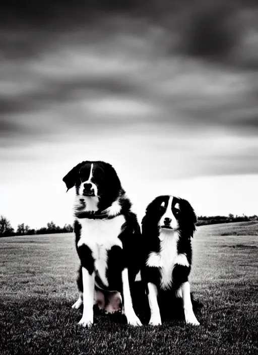 Image similar to two dogs black and white portrait white sky in background