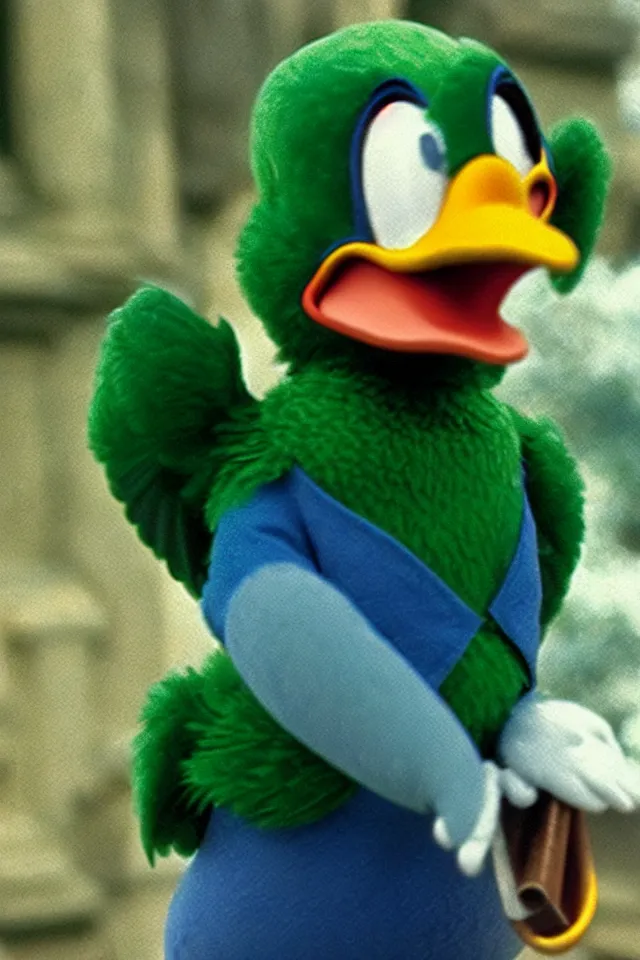 Image similar to donald duck as a green parrot in the harry potter universe