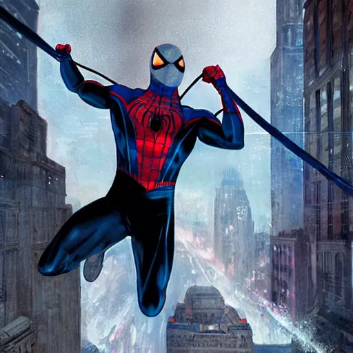 Image similar to ryan reynolds as spider - man, wearing a black and blue suit, cinematic, volumetric lighting, f 8 aperture, cinematic eastman 5 3 8 4 film, photorealistic by greg rutkowski, by stanley artgerm, by alphonse mucha