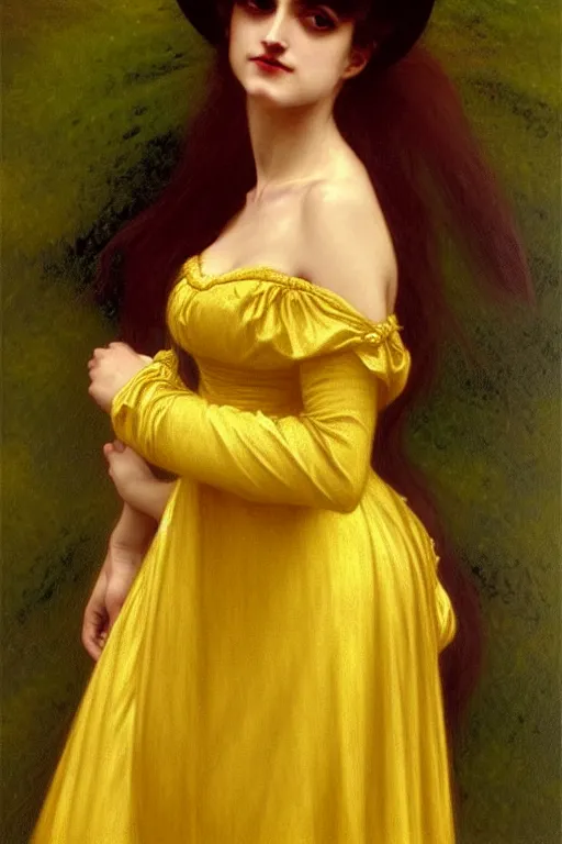 Image similar to victorian vampire in yellow dress, painting by rossetti bouguereau, detailed art, artstation