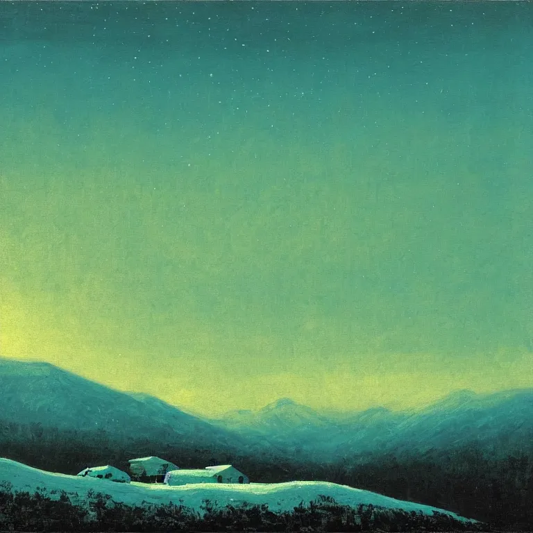 Image similar to new hampshire, mountains, winter, night, luminous, teal palette, arkhip kuindzhi, glaze oil painting, christian mysticism