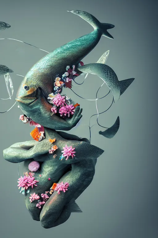 Image similar to a sculpture of fish ocean intertwined, diode lighting, a lovely cornucopia of flowers and human body parts, body parts, highly detailed, octane render, cinematic, sharp focus, clean, studio lighting