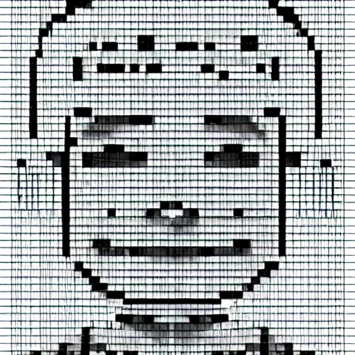 Image similar to ascii art of an artificial robot made in the shape of a man, human steel smooth face