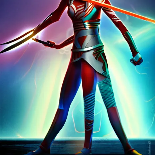 Prompt: Ahsoka Tano with Iridescent blades, dramatic lighting, cinematic pose, rainbow blades,