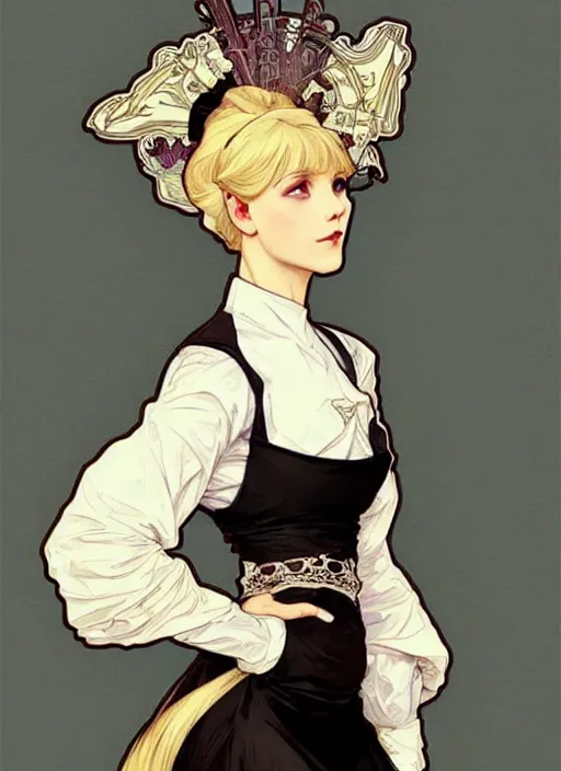 Prompt: digital art by artgerm, greg rutkowski, alphonse mucha. full body!! beautiful platinum blonde victorian maid. beautiful slender face, updo, big blue eyes, fine pointy chin, slender nose, high cheek bones. black maid dress with white apron. lace, embroidery, leather. hyper detailed, intricate, elegant, artstation, smooth, sharp focus