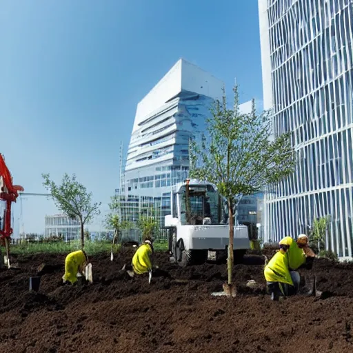 Prompt: a group of workers planting trees in front of a clean white sci fi containment building with a utopian city in the distance