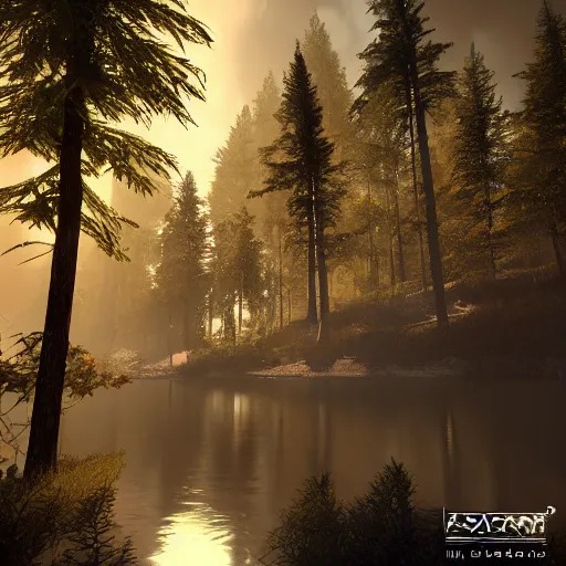 Image similar to a forest made in unreal engine 5 with sun rays and a river, 4k, high detail, high-resolution photograph, professional photography, ultra-detail