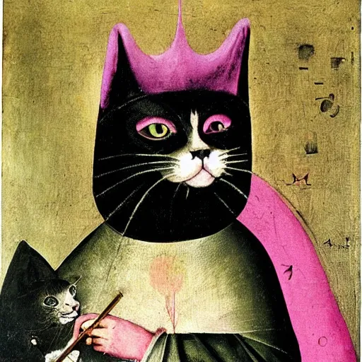 Image similar to portrait of the cat of cheshire bosch with pink and purple stripes and a malicious smile by hieronymus bosch. oil on wood