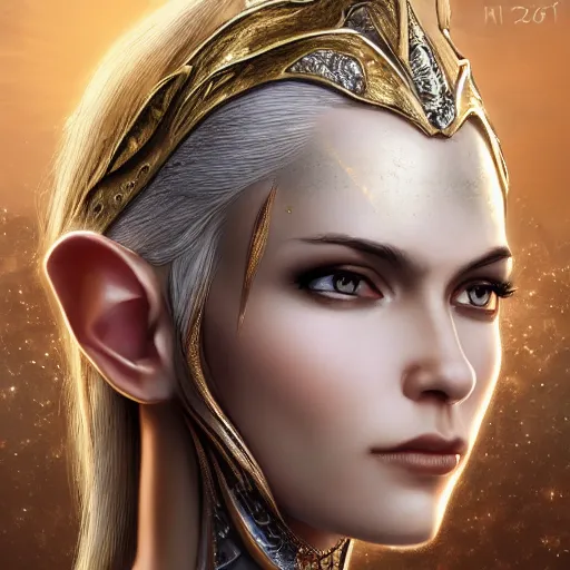 Prompt: side portrait of a female elven warrior, fantasy, head tilted down, white hair, gold armour, gold jewelry, white skin, detailed face, trending on artstation, gsociety, D&D, elegant, highly detailed, sophisticated, hyperrealistic, detailed illustration, smooth, sharp focus, upper body, intricate, rule of thirds, holy glow, backlit, hd 4k by Greg Rutkowski, Charlie Bowater, Karol Bak