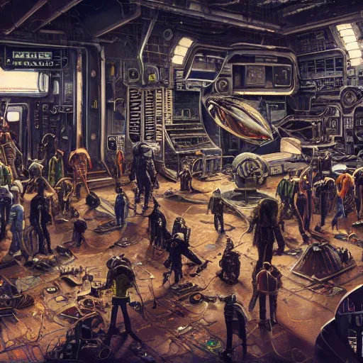Image similar to highly detailed crowded future apartment complex, punk, grunge, jim henson creature shop, robots humans and extraterrestrials, inside a crowded space station, 1 9 8 0 s science fiction, 1 9 7 0 s science fiction, alien 1 9 7 9, cyberpunk, 3 d oil painting, depth perception, 4 k, artstation