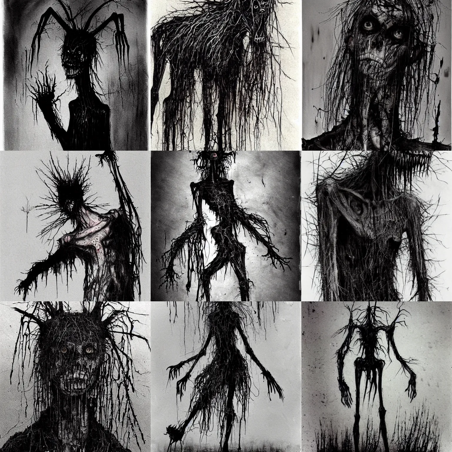 Prompt: a tall, thin, skeletal figure with long, sharp claws and a hideous, rotting face. It is dressed in tattered black clothes and moves silently and swiftly, appearing out of the darkness to terrify its victims. by Stephen Gammell