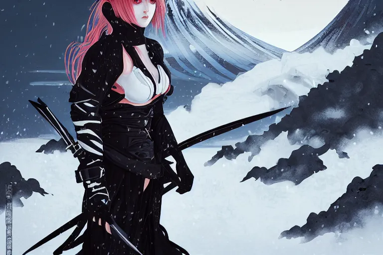 Image similar to portrait ninja gaiden girl, black plus white ninja wardrobe, at snowy fuji mountain sunrise, ssci - fi and fantasy, intricate and very very beautiful, detailed, digital painting, artstation, concept art, smooth and sharp focus, illustration, art by tian zi and wlop and alphonse mucha