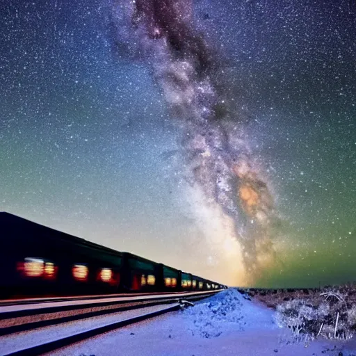 Image similar to a night train rushes through the milky way, winter