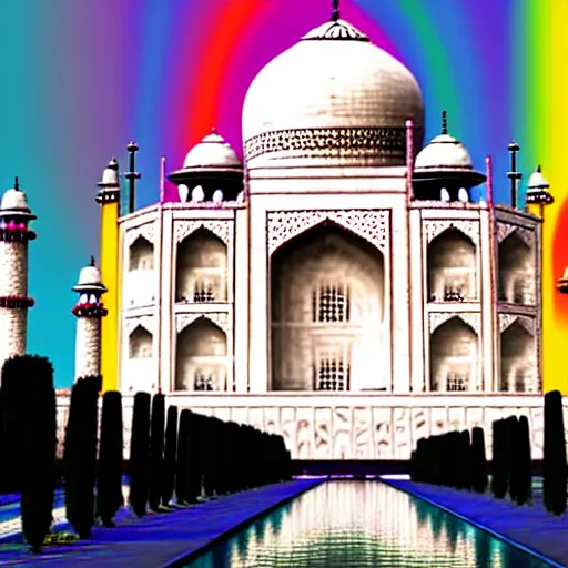 Image similar to futuristic taj mahal painted in rainbow colors. photorealistic. brightly lit scene. this 4 k hd image is trending on artstation, featured on behance, well - rendered, extra crisp, features intricate detail, epic composition and the style of unreal engine.